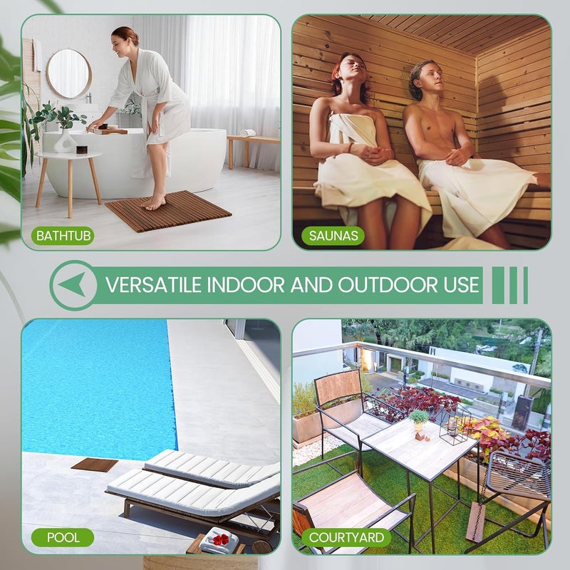 DoubleFill Teak Wood Bath Mat, 30" x 30" Teak Shower and Bath Mat for Indoor and Outdoor Use, Non Slip Rollable Wooden Platform for Sauna, Pool, Bathtub, Hot Tub Flooring Decor and Protector - Image 5